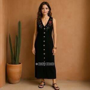 Black Embroidered Maxi Dress Hand Beaded Sleeveless Button Down Racerback Size S